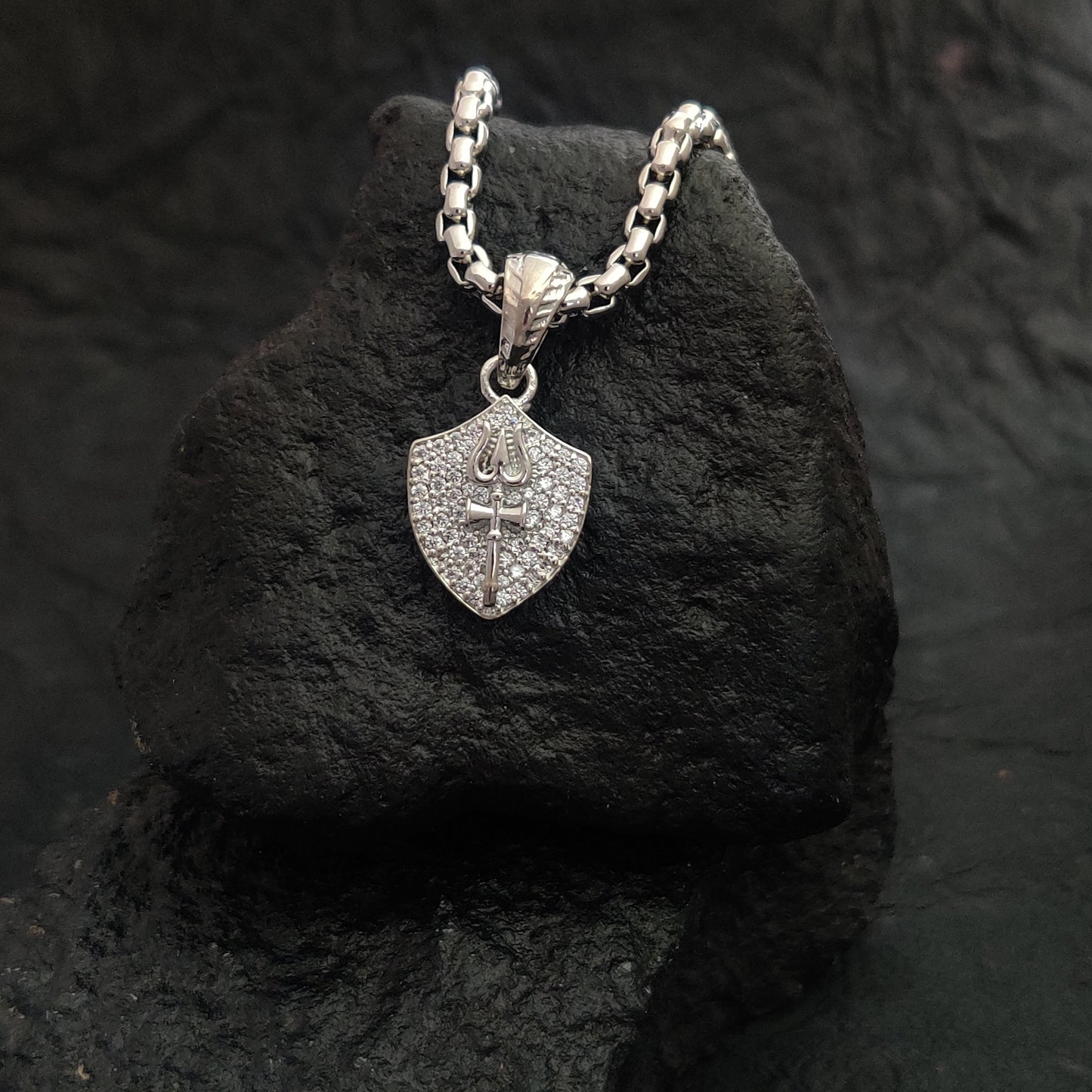 Silver Plated Studded Diamond Trishul Shambhu Pendant with Chain