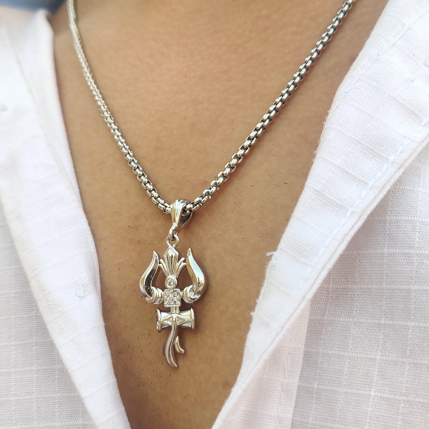 Silver Plated Premium Trishul and Damru om Pendant with Chain