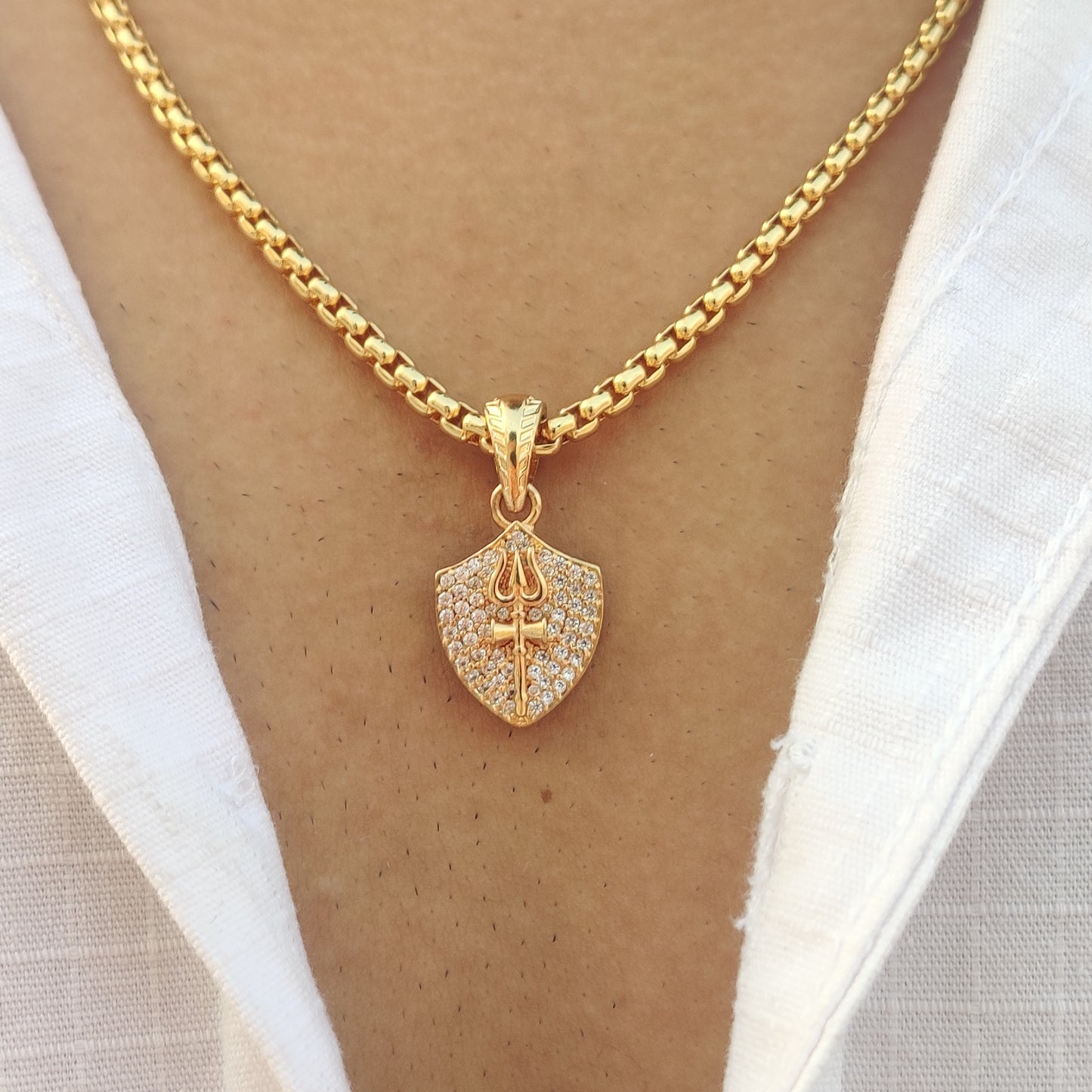 Studded Diamond Trishul Shambhu Gold Plated with Chain