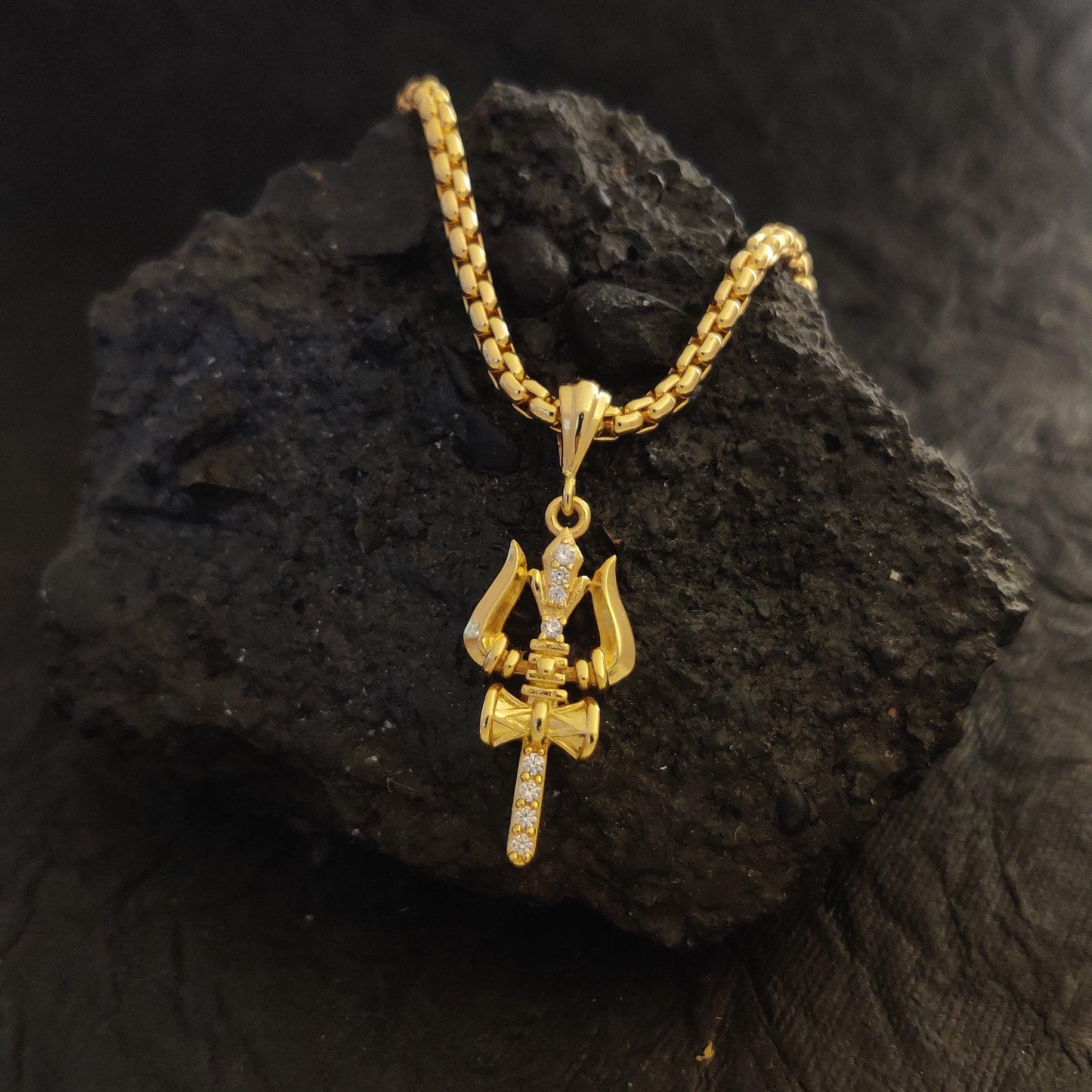 Zivia Shiv Trishul Diamond Pendant and chain with gold plated